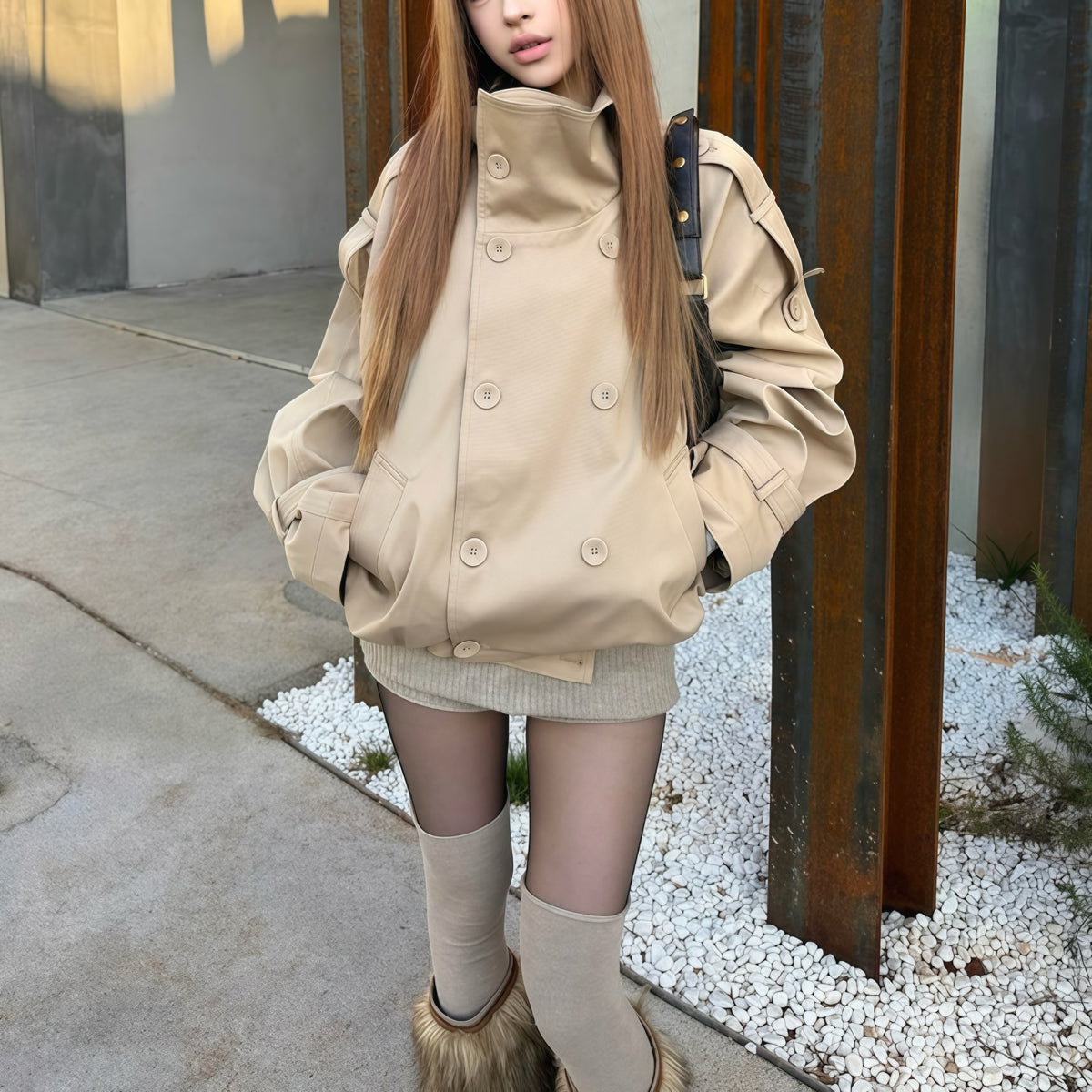 Short High Button Trench Coat