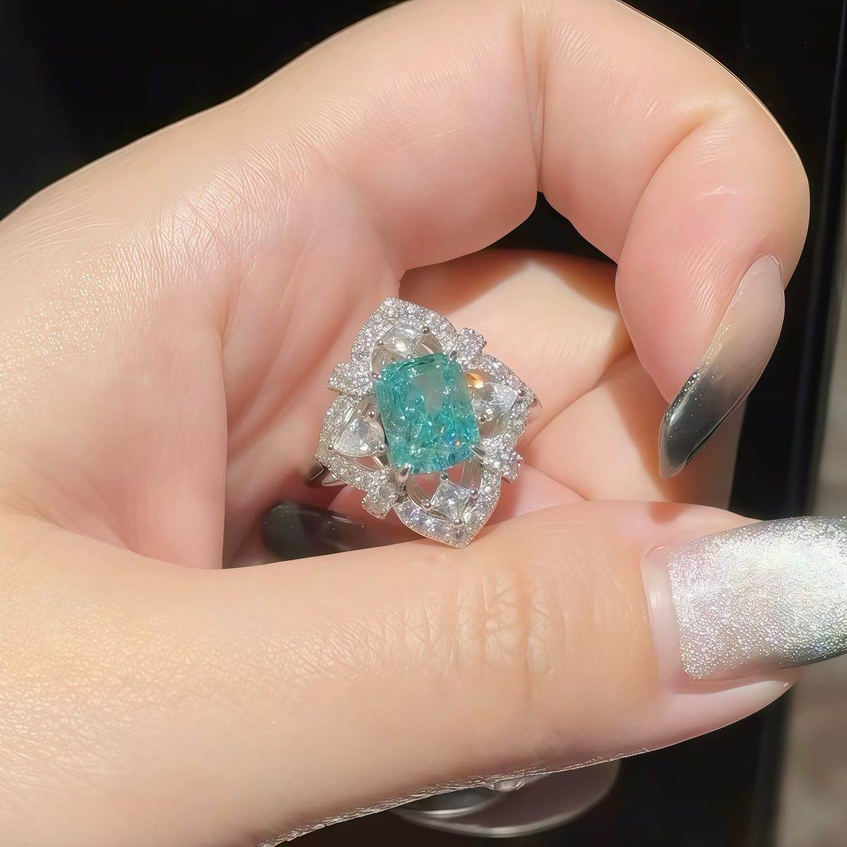 Tourmaline 2ct Cushion Flower Diamond Ring