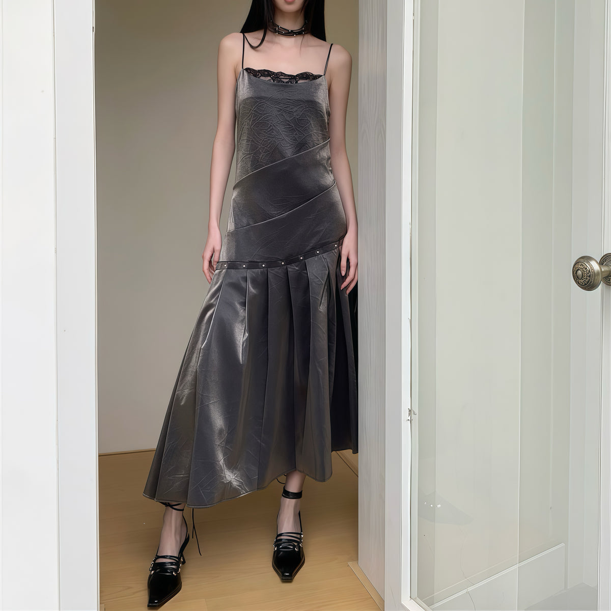 Gothic Charcoal Slip Pleated Long Dress