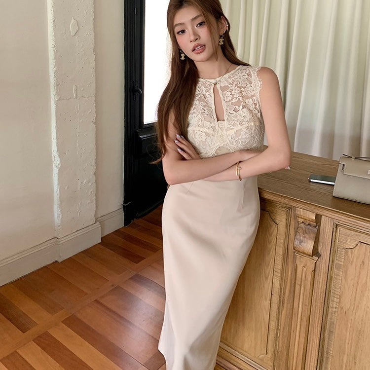 Beige Lace Front Halter Pencil Dress