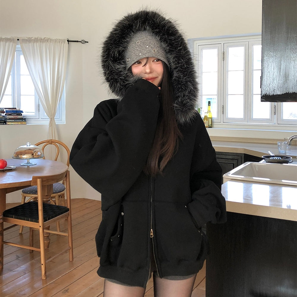 Black Fleece Lined Hood Zip Jacket
