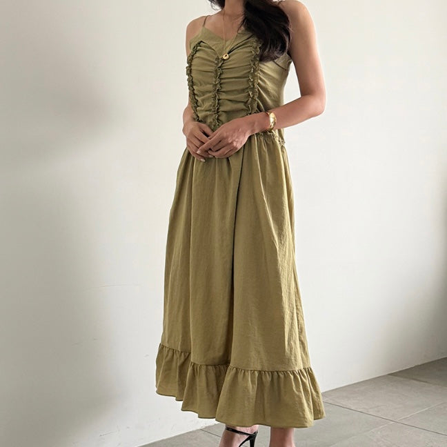 Front Triple Line Ruffle Maxi Dress