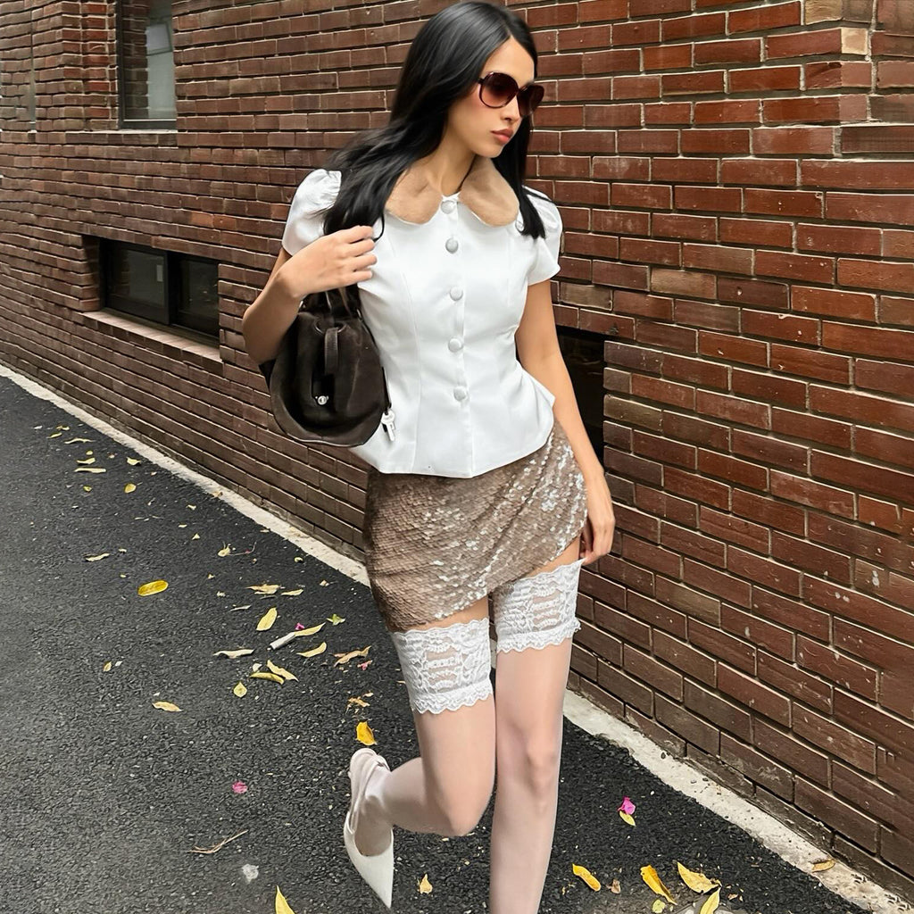 White Button-Up Puff Sleeve Fleece Collar Top