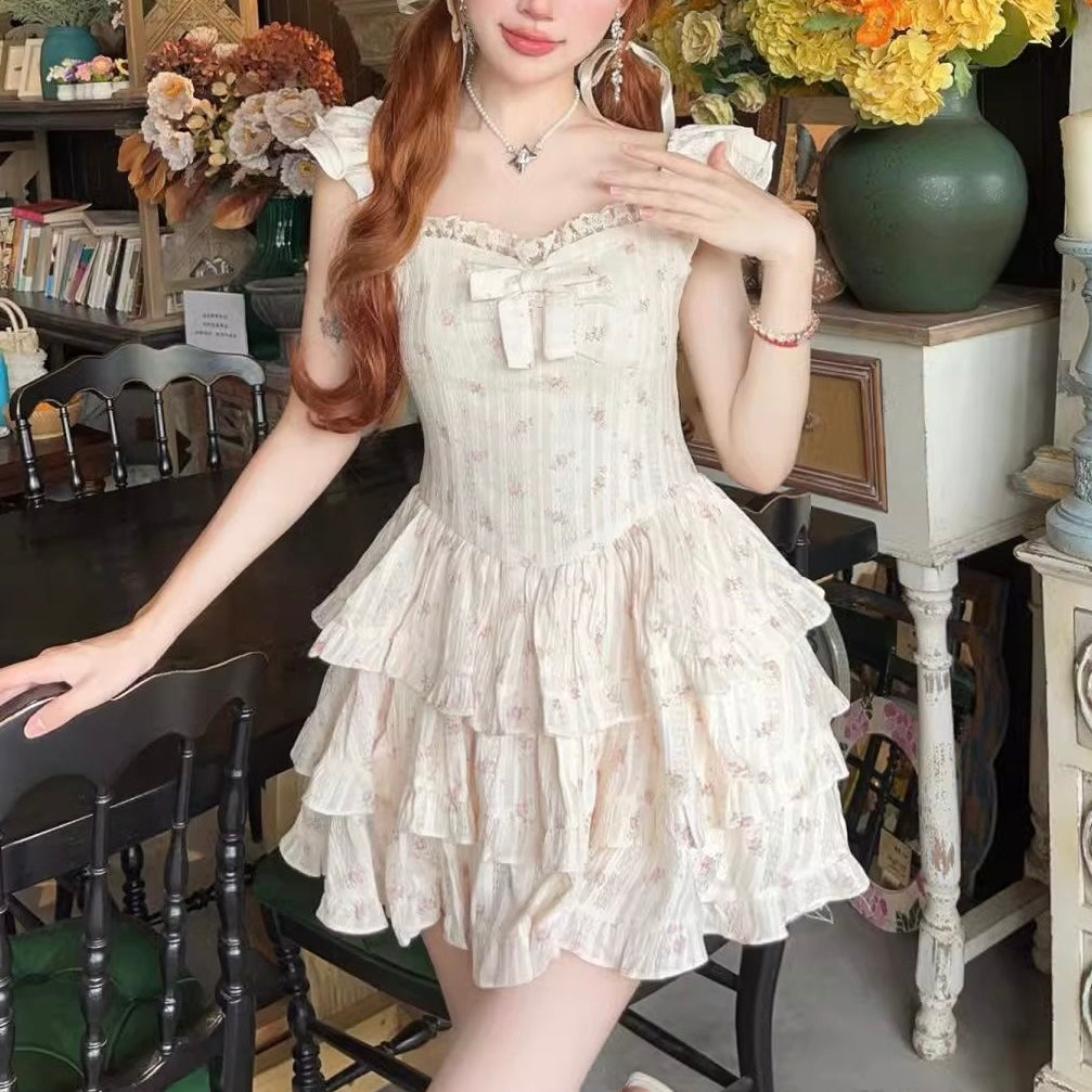 Beige Floral Cascade Ruffle Dress