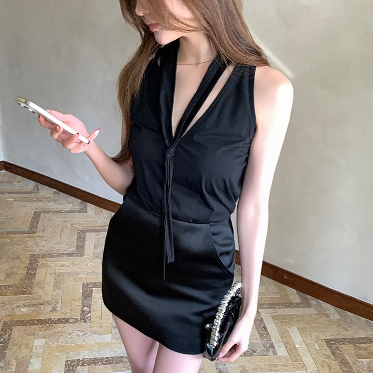 Black Neck Tied Tank Top