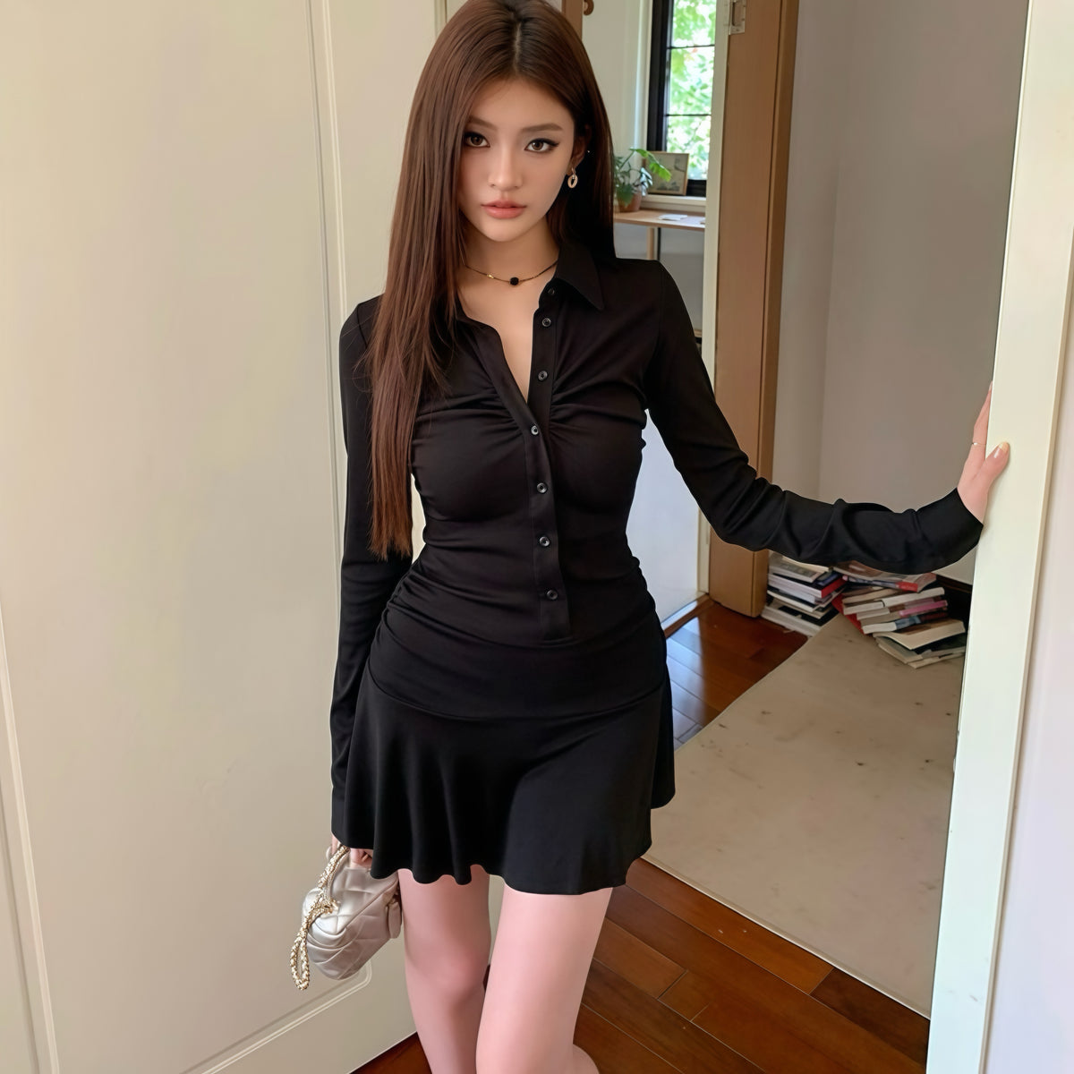 Black Middle Cinch Button-Up Dress
