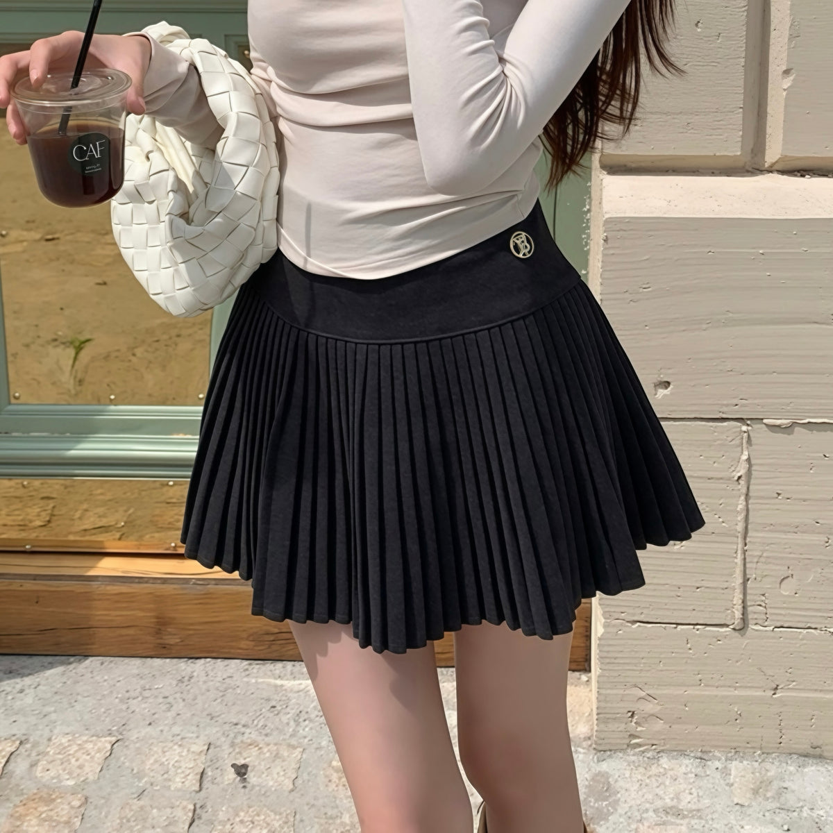 Thick Pleated Gold Button Skirt