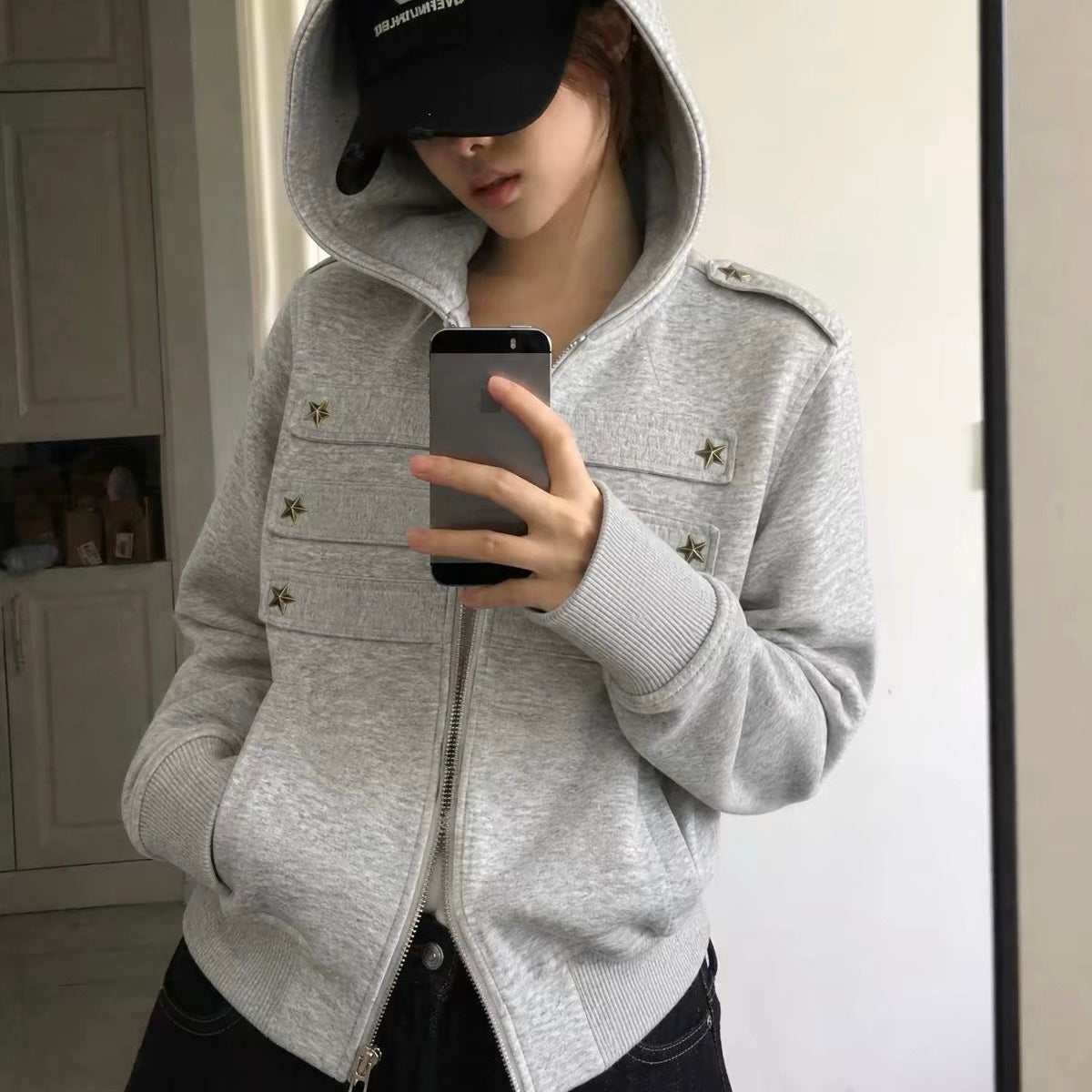 Grey Star Stud Zip Hoodie