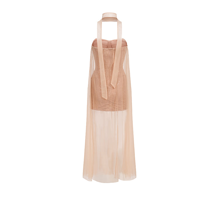 Nude Corset Maxi Mesh Outer Mini Dress