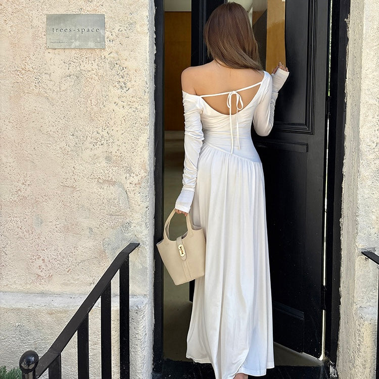 White Single Off-Shoulder Long Sleeve Maxi Dress
