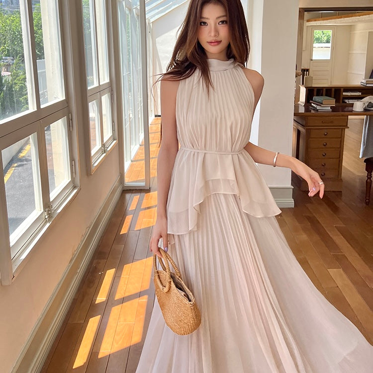 Beige Pleated Maxi Halter Dress