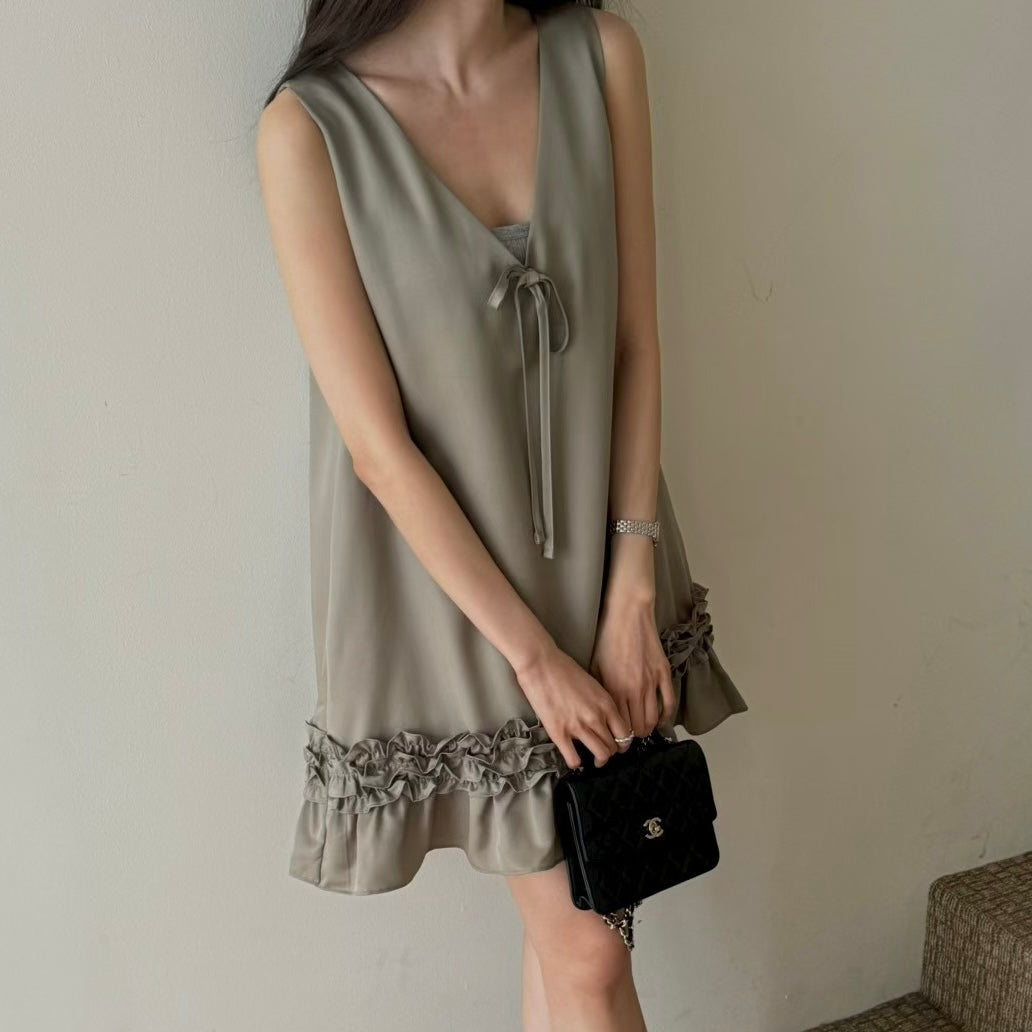 V-Neck Satin Ruffle Hem Slip Dress
