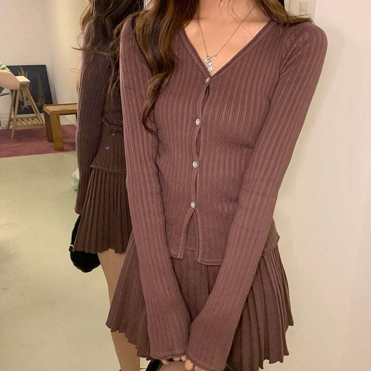 Knit Button-Up Sweater Pleated Skirt Set
