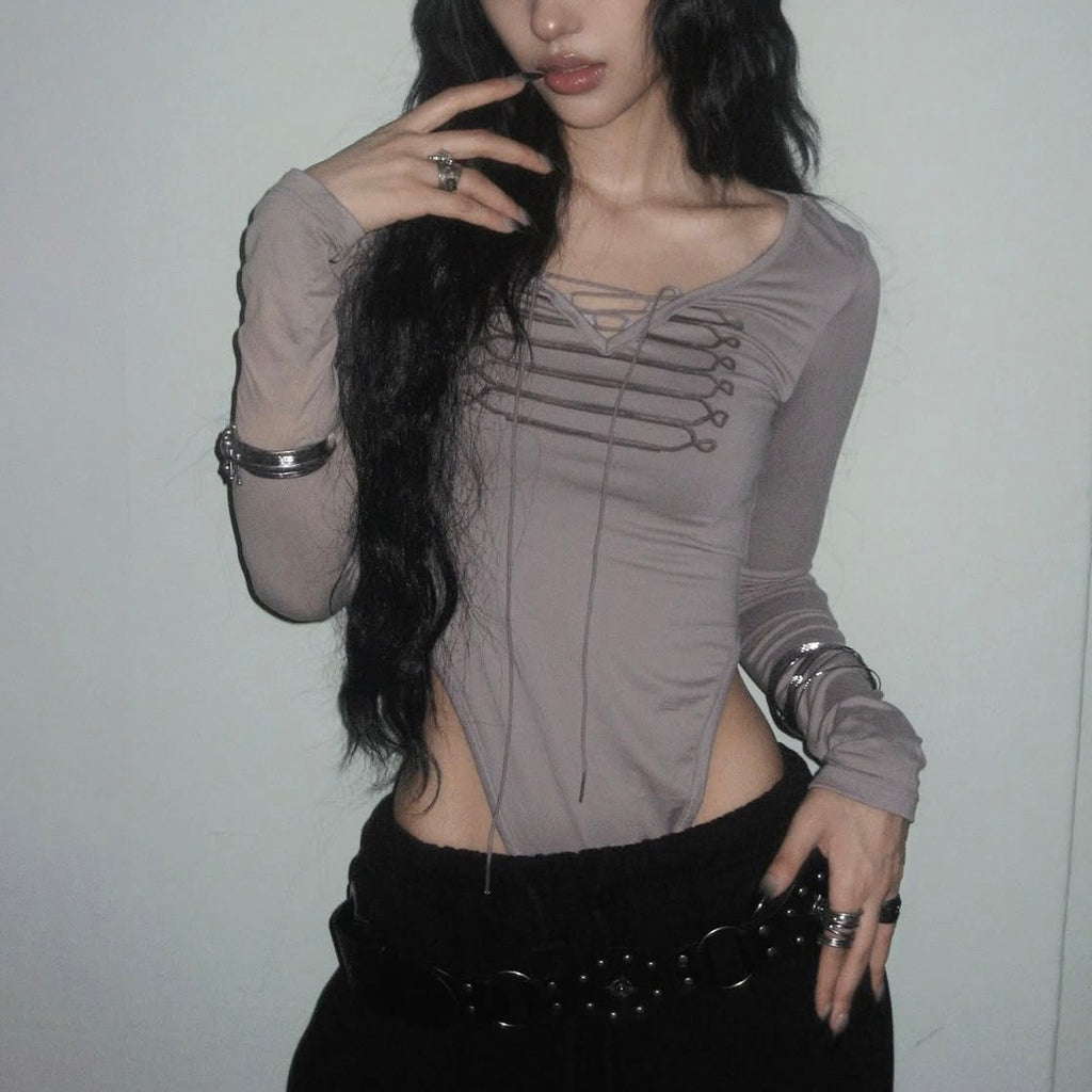 String Lace-Up Long Sleeve Bodysuit