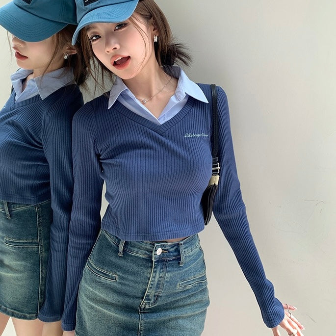 Blue Knit Inner Collar Sweater