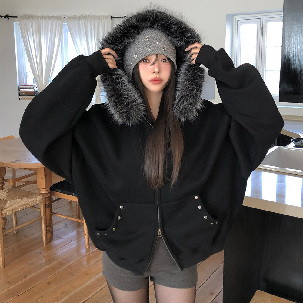 Black Fleece Lined Hood Zip Jacket