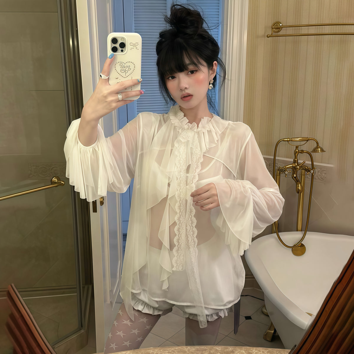 Ruffle Sheer Long-Sleeve Top