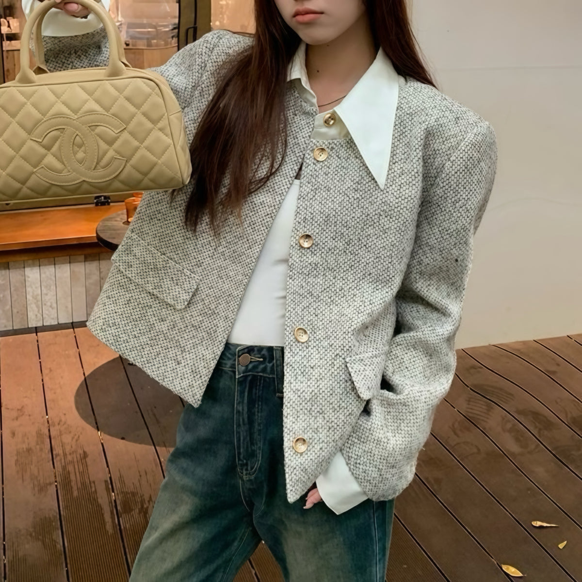 Grey Tweed Gold Button Jacket