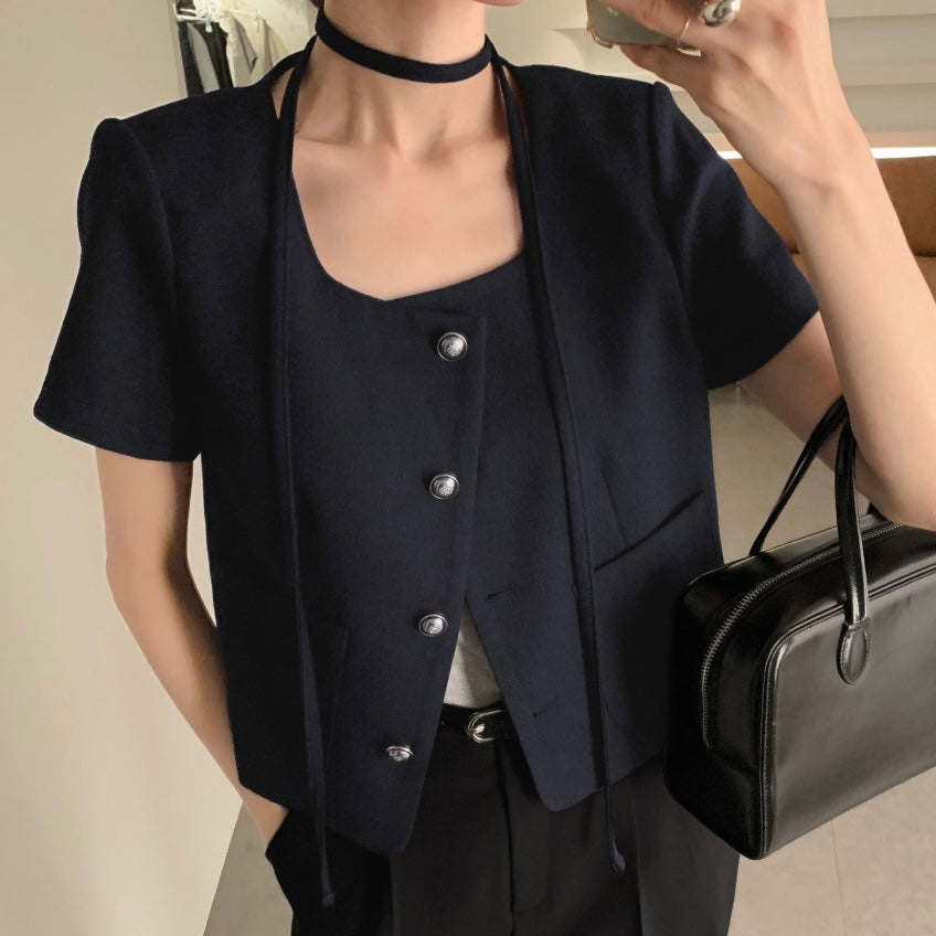 Button-Up Short-Sleeve Blazer