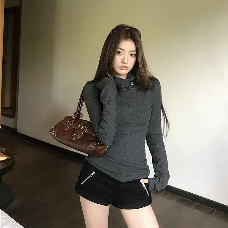 Dark Knit Button Turtleneck Top