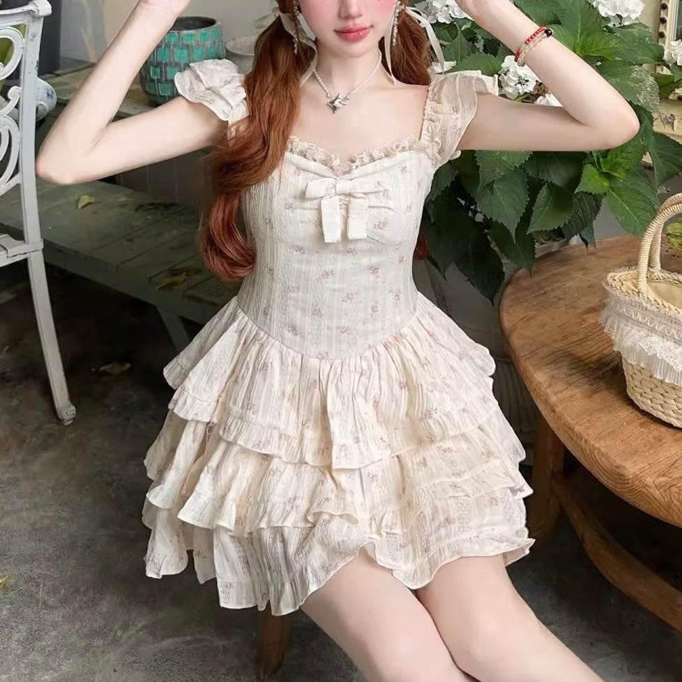 Beige Floral Cascade Ruffle Dress