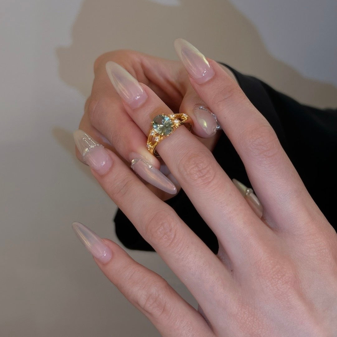 Green Oval Yellow Gold Split Band Ring S925