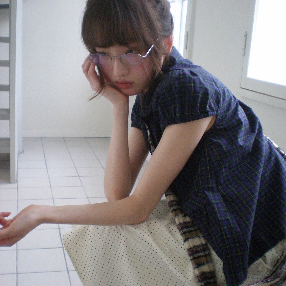 Purple Gingham Puff-Sleeve Top