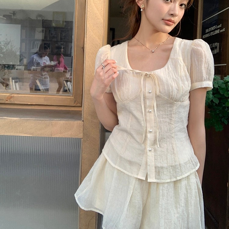 Beige Light Short Flowy Top Skirt Set