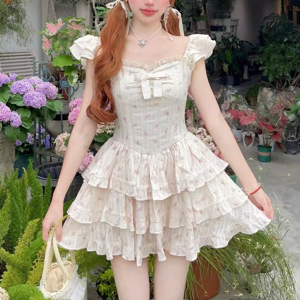Beige Floral Cascade Ruffle Dress