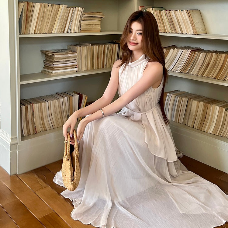 Beige Pleated Maxi Halter Dress