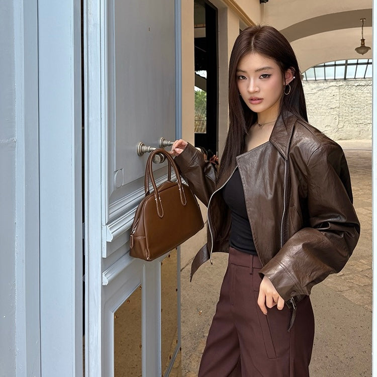 Brown Crop Faux Leather Zip Jacket