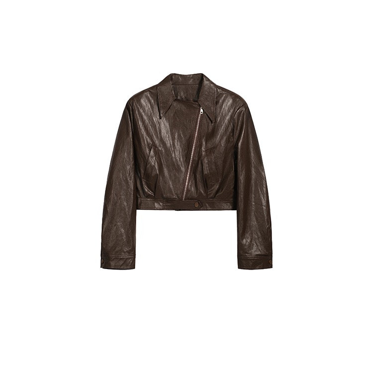 Brown Crop Faux Leather Zip Jacket