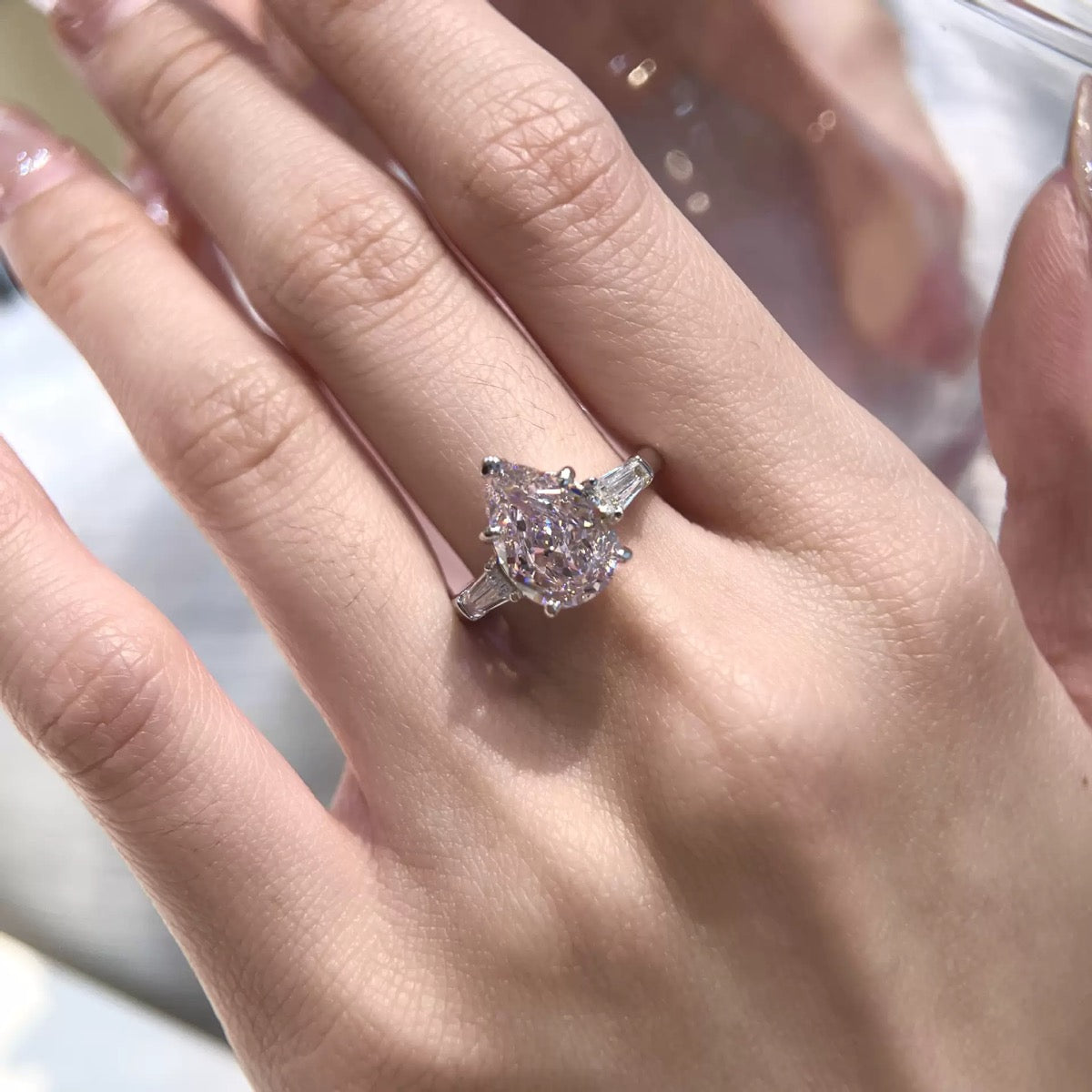 Pink Pear Trapezoid Trilogy Diamond Ring S925