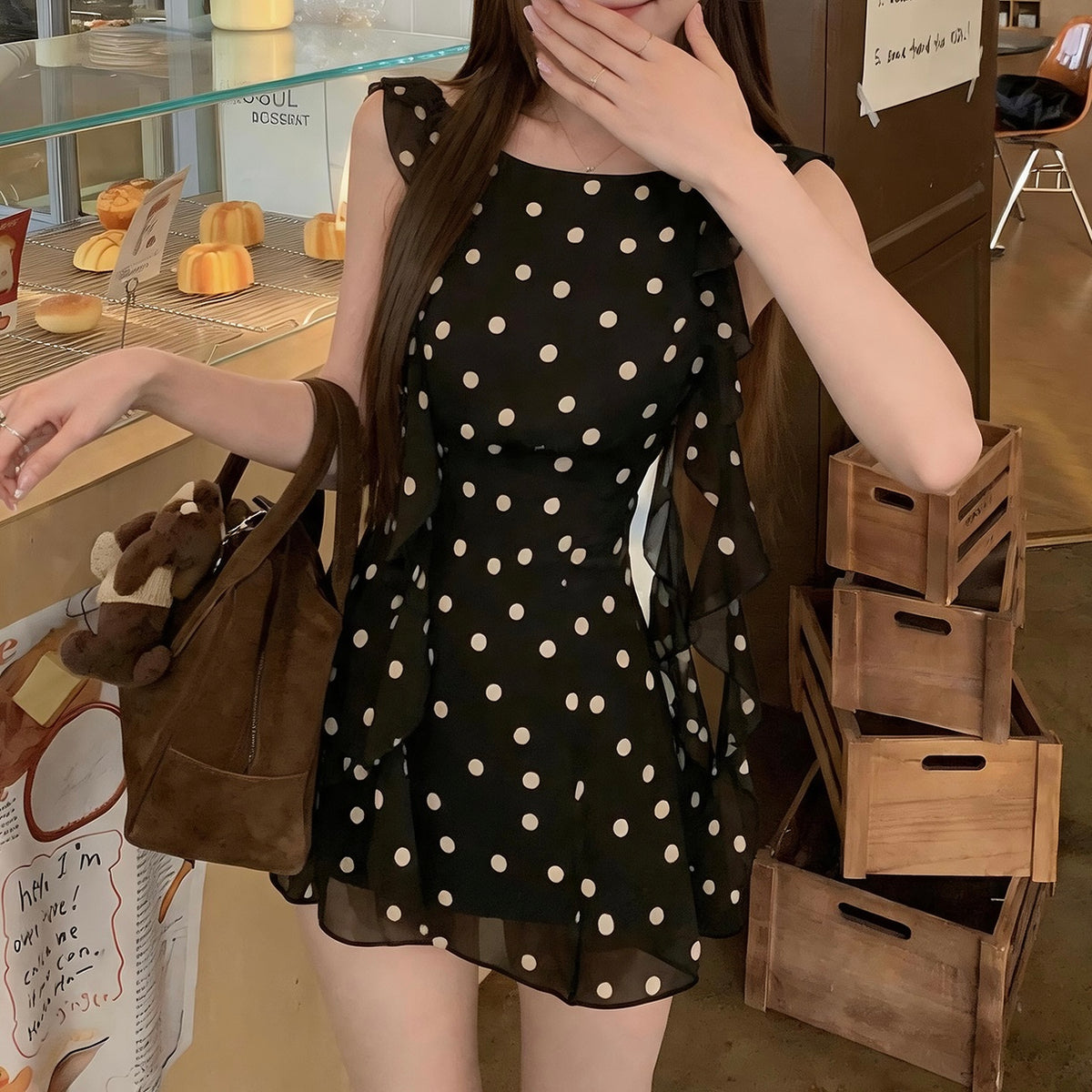 Black Polka Dot Ruffle Sleeveless Dress