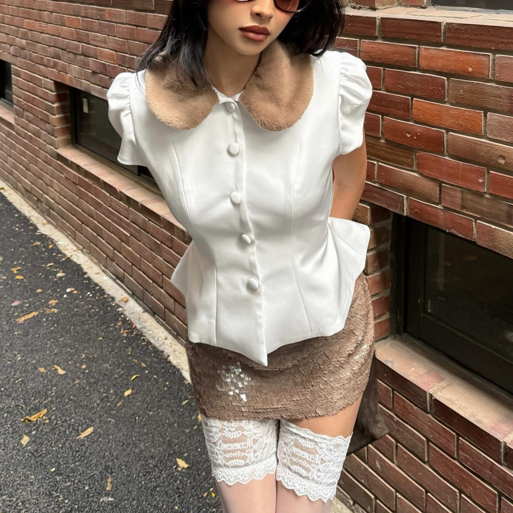 White Button-Up Puff Sleeve Fleece Collar Top