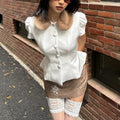 White Button-Up Puff Sleeve Fleece Collar Top