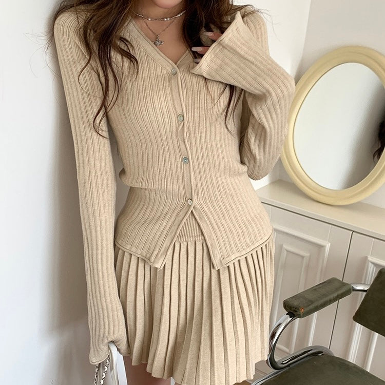 Knit Button-Up Sweater Pleated Skirt Set