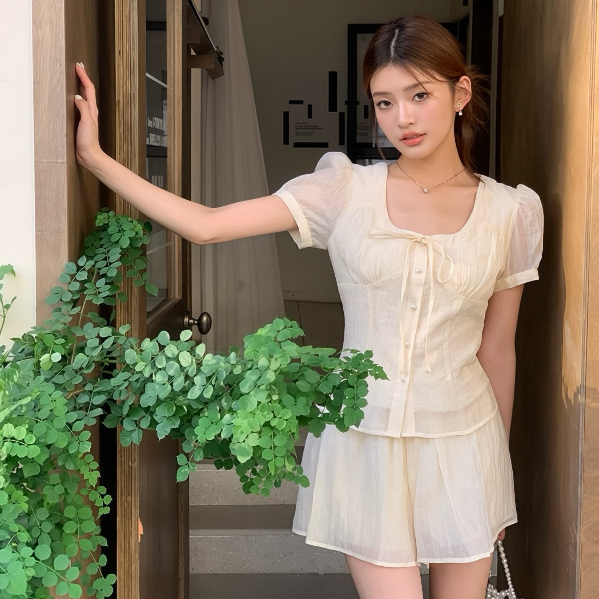 Beige Light Short Flowy Top Skirt Set