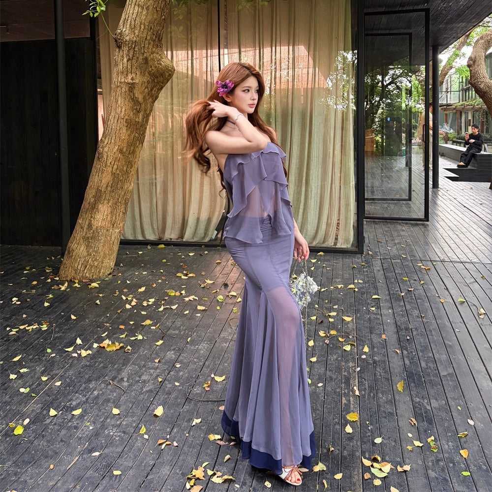 Purple Ruffle Halter Maxi Set