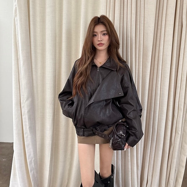 Brown Faux Leather Zip Jacket