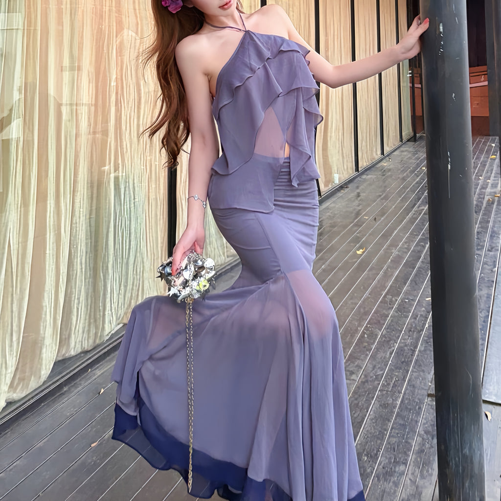 Purple Ruffle Halter Maxi Set