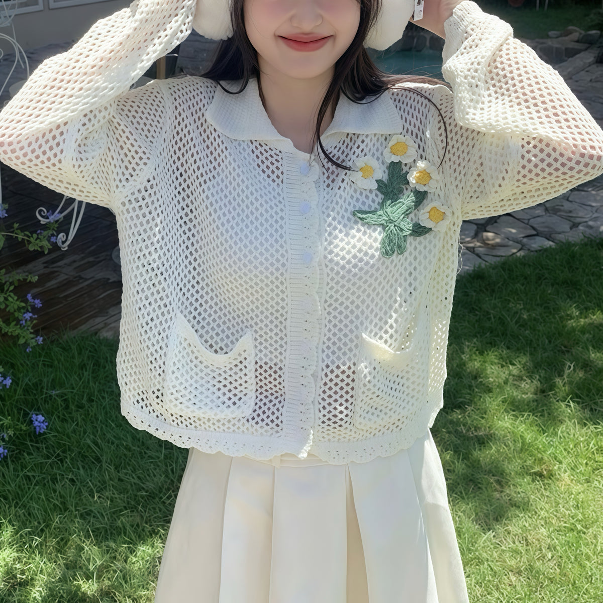 Sunflower Crochet Net White Sweater