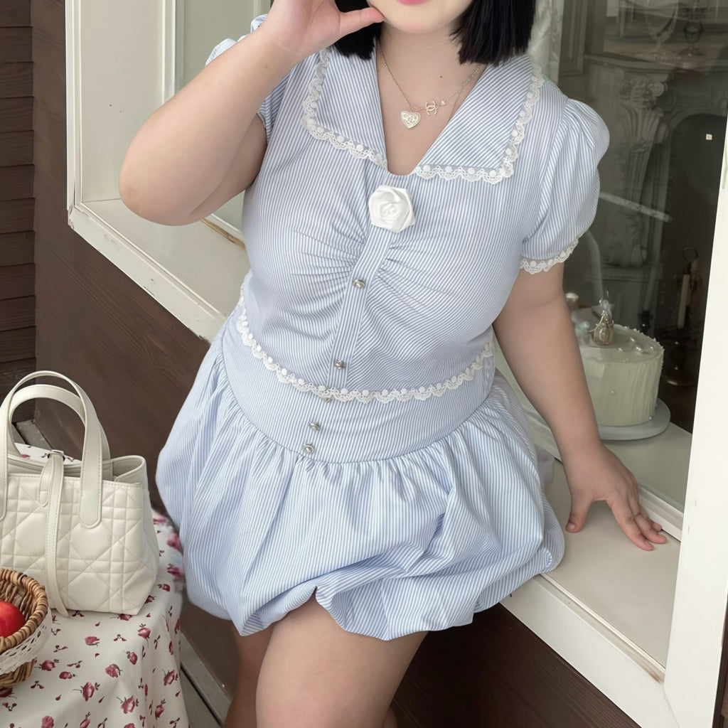 Blue Lined Lace Collar Bubble Dress