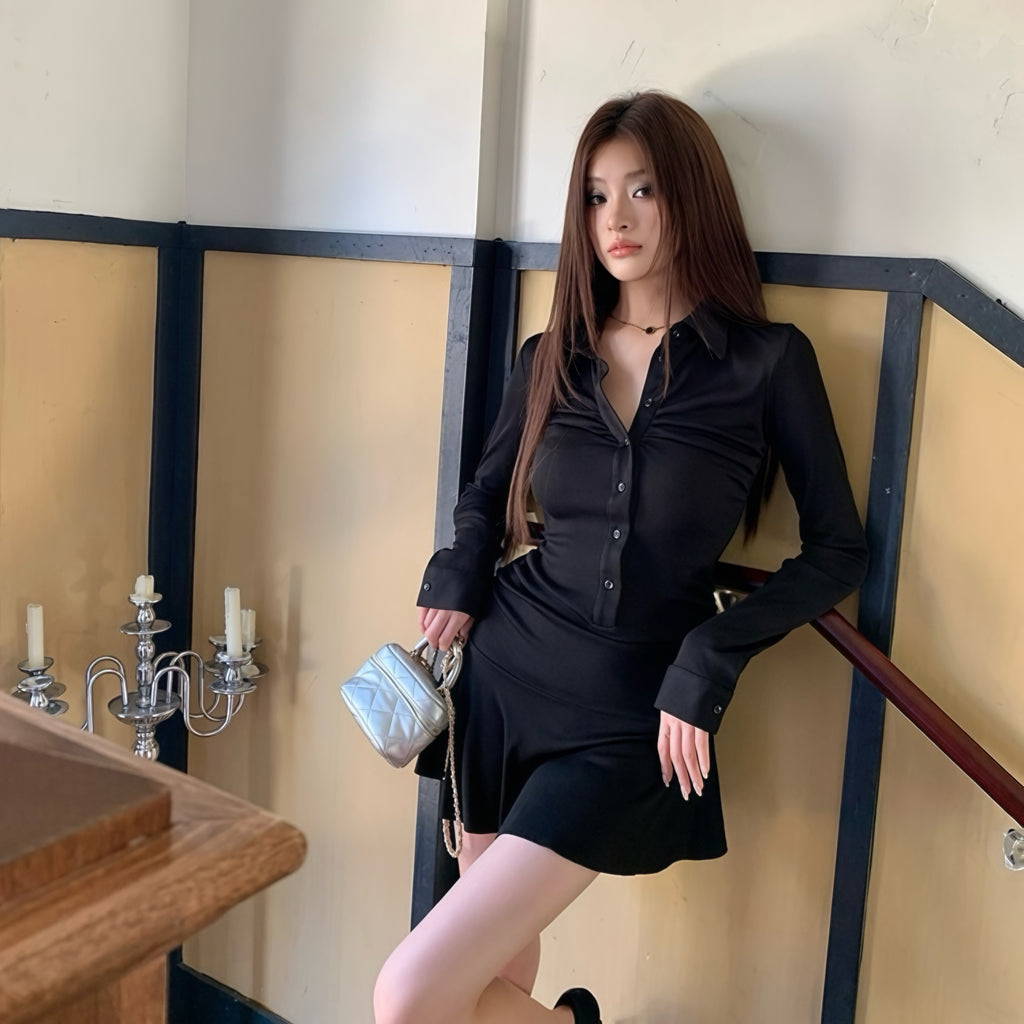 Black Middle Cinch Button-Up Dress