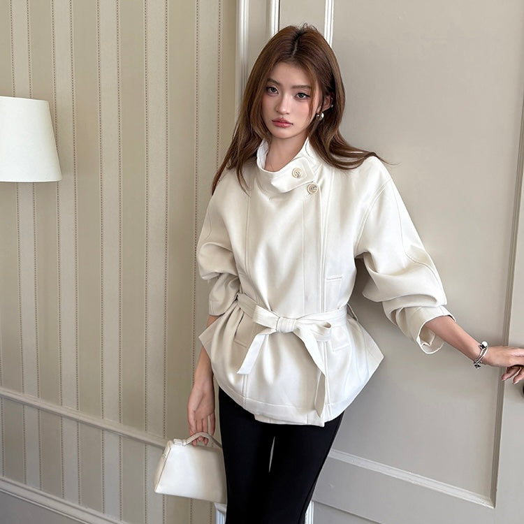 Beige High-Neck Waist Tied Coat