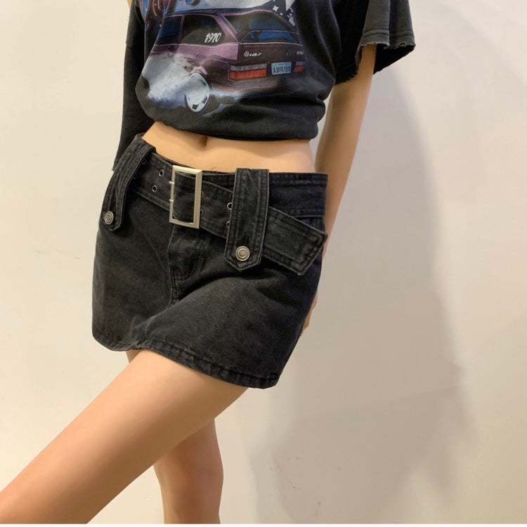 Black Buckle Belt Denim Mini Skirt