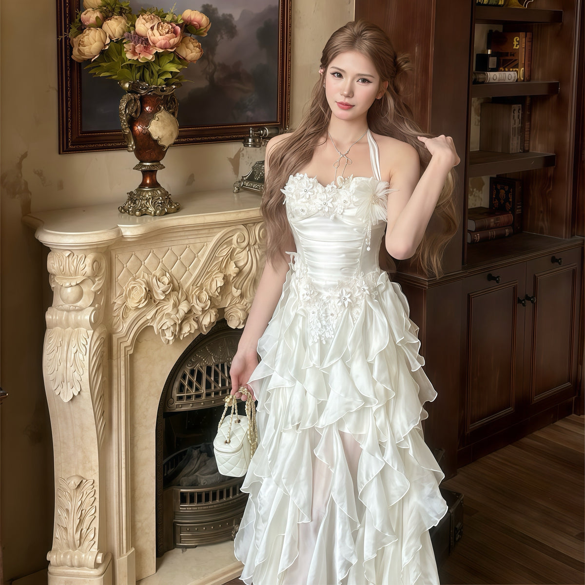 White Ruffle Back Ribbon Gown
