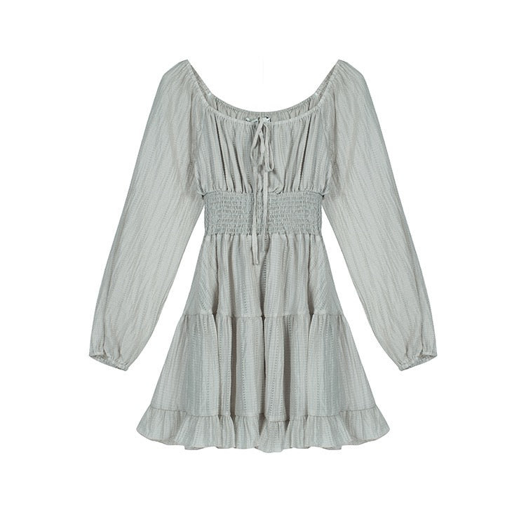 Grey Puff-Sleeve Boho Ruffle Dress