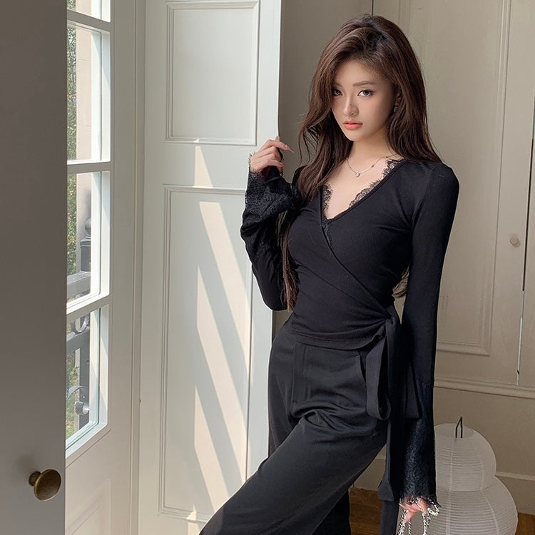 Black Lace Trim Trumpet Sleeve Waist Tied Top
