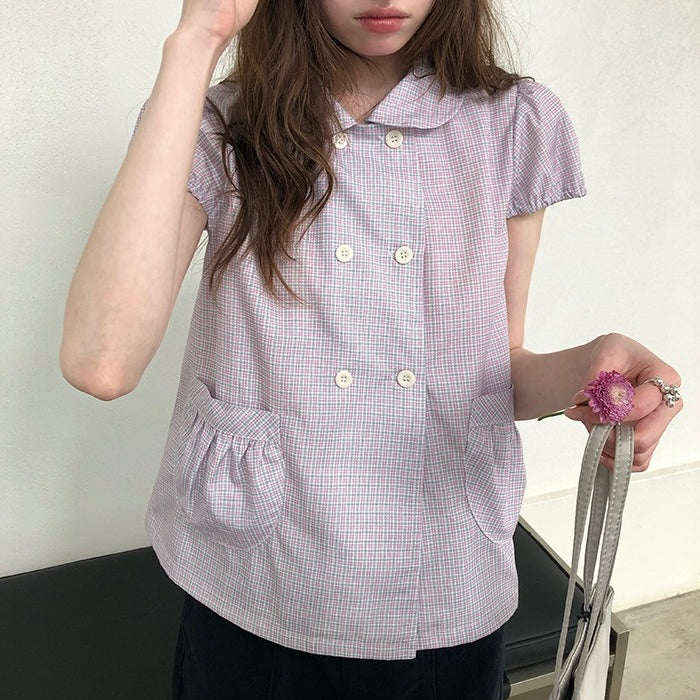 Purple Gingham Puff-Sleeve Top